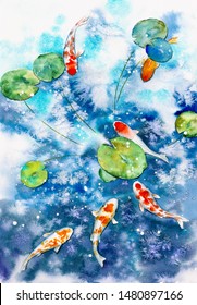 Watercolor Painting - Koi fishes gather together