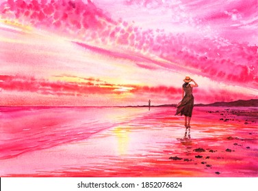 Watercolor Painting - A Lady Is Walking On Beach At Seaside