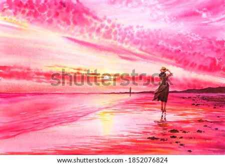 Watercolor Painting - A Lady is walking on beach at seaside