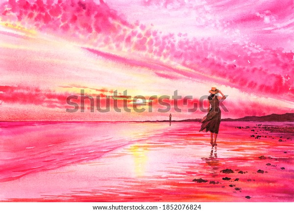 Watercolor Painting - A Lady is walking on beach at seaside