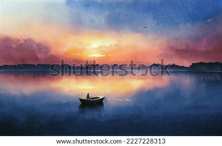 Watercolor painting of a lake in the sunset with a lonely boat