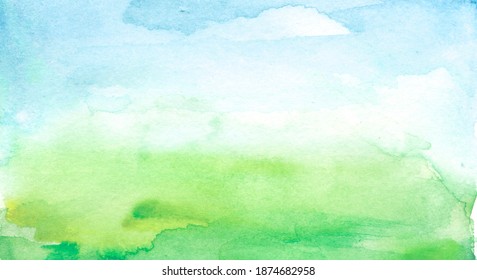 Watercolor painting, landscape of bright green grass, steppe, yellow flowers, plants, field, meadow against a bright blue sky. On a white background. Logo, card for your design. Blue, green spot.