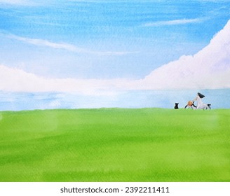 watercolor painting landscape cat and a girl riding a bicycle through the meadow in the summer sea. - Powered by Shutterstock