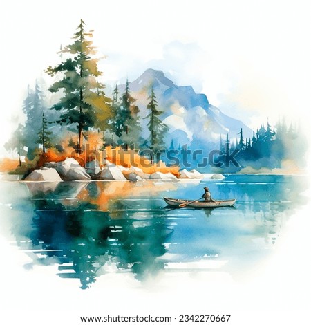 Watercolor painting of landscape with fisheman in a boat. in watercolor style. Watercolor illustration isolated on white background.