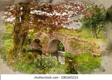 Watercolor painting of Landscape image of old medieval bridge in river setting in English countryside