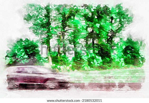 Watercolor painting of landscape with road, trees and\
moving car. Modern digital art, imitation of hand painted with\
aquarells dye