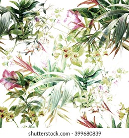 Watercolor Painting Of Leaf And Flowers, Seamless Pattern On White Background