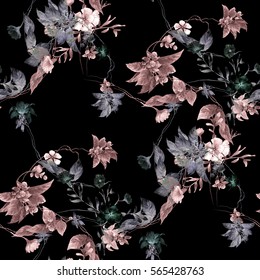 Watercolor Painting Of Leaf And Flowers, Seamless Pattern On Dark Background