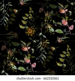 Watercolor Painting Of Leaf And Flowers, Seamless Pattern On Dark Background