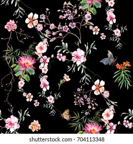 Watercolor painting of leaf and flowers, seamless pattern on dark background