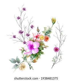 Watercolor Painting Of Leaves And Flower, On White Background 