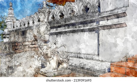 The watercolor painting Lion  man  Creatures Myth   Legend  standing in front the temple                                