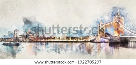 Watercolor painting of London panorama with Tower Bridge. Artistic picture