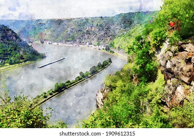 Watercolor painting of Lorelei rock at Rhine gorge in Germany.