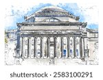 A watercolor painting of the Low Memorial Library at Columbia University, highlighting its grand neoclassical architecture with a large dome, tall columns, and a symmetrical front facade.