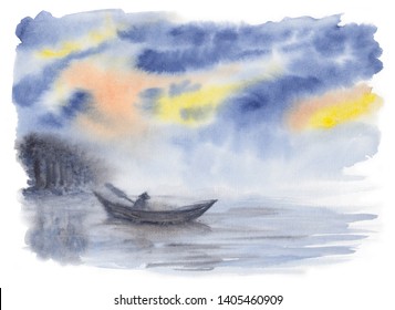 Watercolor Painting Of Misty Lake With Fisherman In Boat And Blue With Yellow & Orange Sky. Hand Drawn Foggy Abstract Landscape. Meditative, Relaxation And Restoration Background. Fine Art.