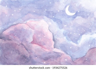 Watercolor Painting Of Moon And Clouds Background With Soft Pastel Color. Fantasy Magical Night Sky Pastel Background With Colorful Cloudy Sky.