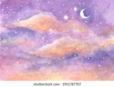 Watercolor Painting Of Moon And Clouds Background With Soft Pastel Color. Fantasy Magical Night Sky Pastel Background With Colorful Cloudy Sky.