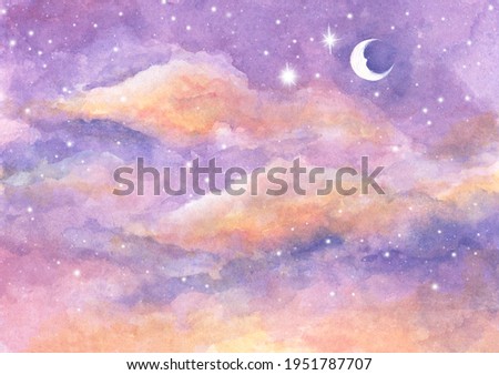Watercolor painting of Moon and clouds background with soft pastel color. Fantasy magical night sky pastel background with colorful cloudy sky.