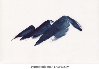 Watercolor Painting With Mountains Peaks. Peaceful Serene Hand Drawn Oriental Landscape With Rocks Layers. Concept For Relax, Restore, Soothing Meditation Background. Abstract Artwork On Paper.