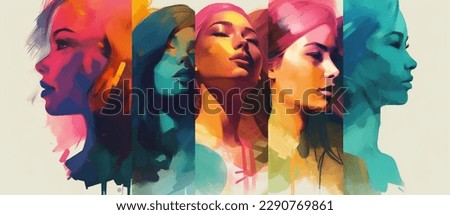 Watercolor painting of multiple women smiling and laughing.