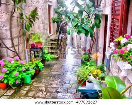 watercolor painting  of narrow cobbled streets decorated with flowers, pavement staircase rises, passes under the arches of old houses