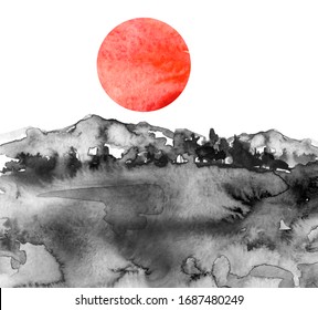 Watercolor Painting. Nature, Mountains, Countryside, Black Silhouette Of Mountains, Pasture, Pastoral. Red, Pink Sun, Sunset, Dawn. Postcard, Picture, Poster, Logo. Graphic, Vintage Drawing.