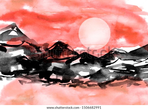 Watercolor painting. Nature, mountains,\
countryside, black silhouette of mountains, trees. Against the\
backdrop of a sunset red, burgundy, purple sky and sun. Postcard,\
picture, poster,\
logo.