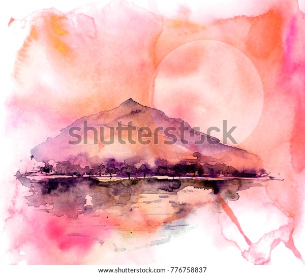 Watercolor painting. Nature, mountains,\
countryside, black, purple  silhouette of mountains, trees. Against\
the backdrop of a sunset red, burgundy, pink sky and sun, moon.\
Postcard,  poster,\
logo.