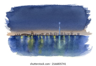 Watercolor Painting Of  Night Cityscape Around Fukuoka Tower Seen From The Sea