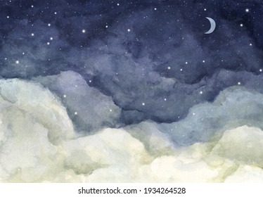 Watercolor Painting Of Night Sky With Crescent Moon And Shining Stars.