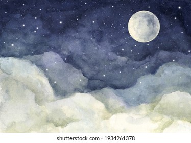 Watercolor Painting Of Night Sky With Full Moon And Shining Stars.