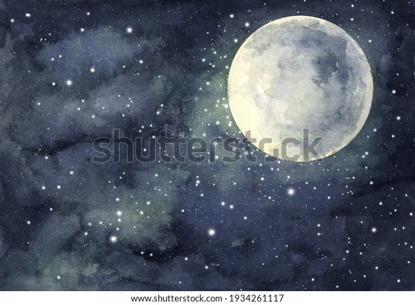 Watercolor painting of night sky with full moon\
and shining\
stars.