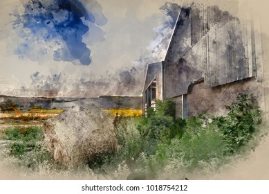 Watercolor painting of Old barn and hay bales in Summer countryside landscape