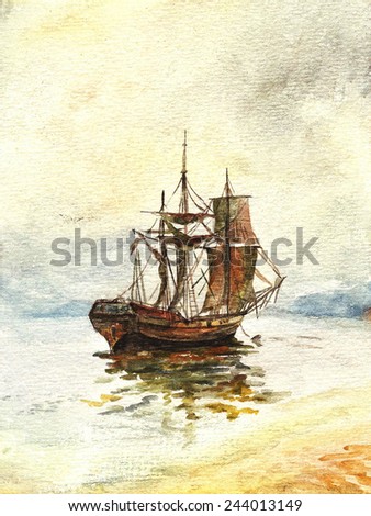 Watercolor painting of the old ship with sails