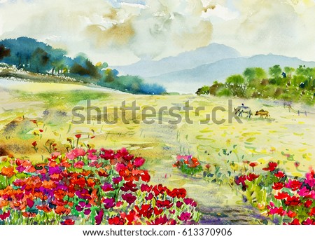 Watercolor painting original landscape colorful of wildflowers, buffalo in meadow garden and mountain hill emotion in sky,cloud background. Painted Impressionist, abstract,beauty nature spring season.