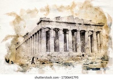 Watercolor Painting Of The Parthenon At Acropolis In Athens, Greece.