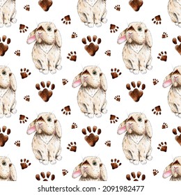 Watercolor Painting Pattern Rabbit And Paw Prints. Cute Pet Bunny. Seamless Repeating Print For Home Decor Or Kids Textiles. Isolated On White Background. Drawn By Hand.