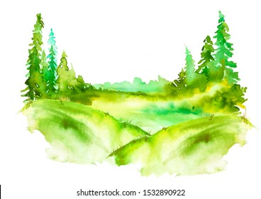 Watercolor Forest Landscape Green Background Your Stock Illustration ...