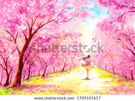 Watercolor Painting - Playing violin under blossom cherry tree 