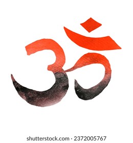 watercolor painting red and black ink hindu om symbol isolated white background.