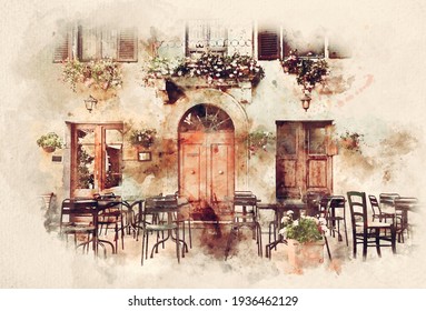 3 752 Italian Street Painting Images Stock Photos Vectors Shutterstock   Watercolor Painting Retro Romantic Restaurant 260nw 1936462129 