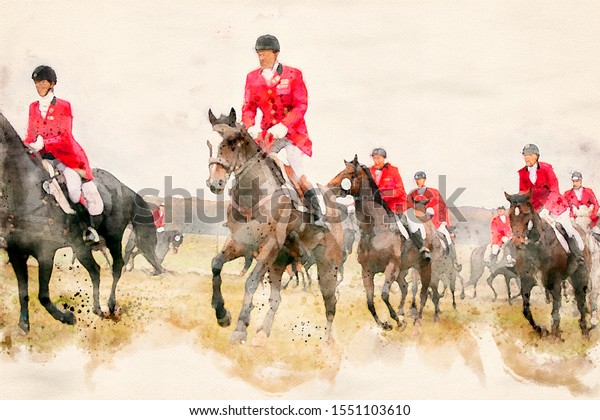 Watercolor\
painting of riders in red uniforms jumping a log fence at a fox\
hunt with spectators. Equestrian horse\
sport.