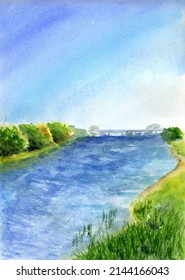 Watercolor Painting River Landscape, Nature Sketch