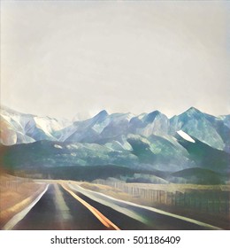 Watercolor Painting Of Road To The Mountains 