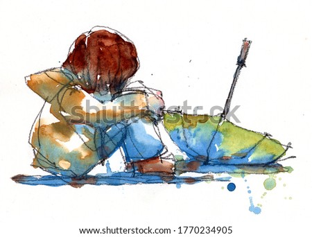 watercolor painting of sad girl itting on the floor in a sweater with a yellow umbrella, hand drawn on paper illustration scanned