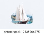 Watercolor painting of a sailboat on a lake. Sailboat with white sails, calm lake, and distant mountains. Serene sailboat scene with nature and water elements. Aesthetic sailboat vintage illustration.