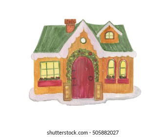 Watercolor Painting Santa Claus Winter House. Hand Drawn Christmas Illustration