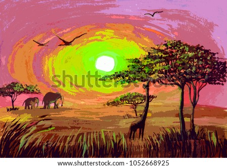 watercolor painting savannah, Africa, art sketch