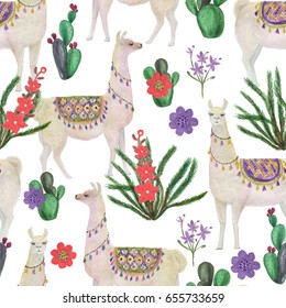 Watercolor painting seamless pattern with llamas and cacti